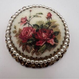 Unsigned West Germany Floral Sugar Brooch w/ Filagree & Faux Pearls